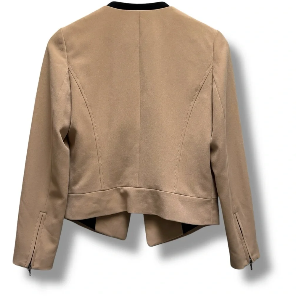 Ann Taylor Petite Khaki with Black Trim Structured‎ Jacket with Zipper Details